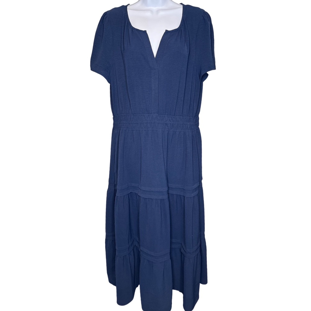 Rachel Zoe Womens Navy Blue Tiered Midi Dress XL Cottagecore Boho Smocked Waist